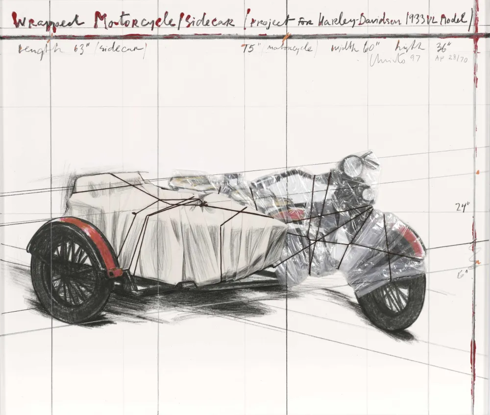 Multiple Christo - Wrapped Motorcycle/Side Car, Project for Harley Davidson 1933 VL Model