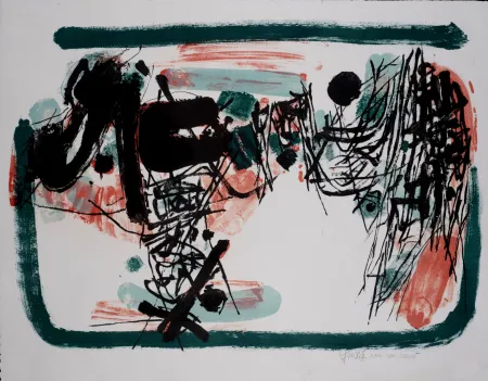 Lithografie Chu Teh Chun  - Village dans une pluie rouge (Village in a Red Rain), 1960 - Hand-signed