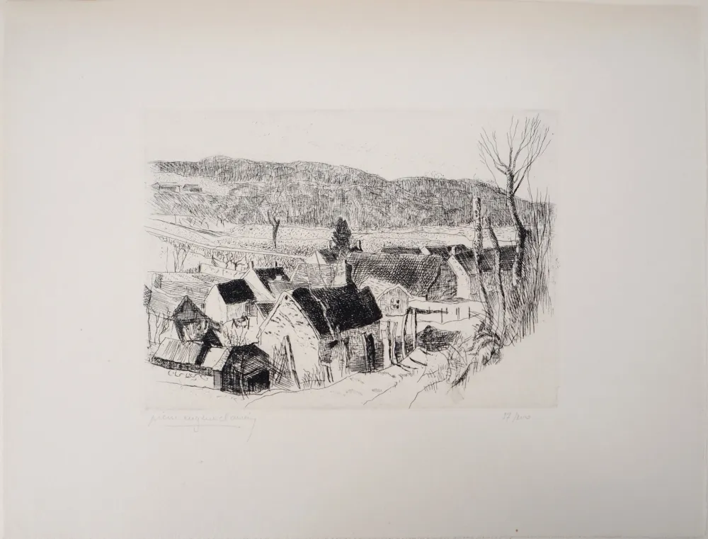 Gravure Clairin - Paysage de campagne, village de Saint-Loup