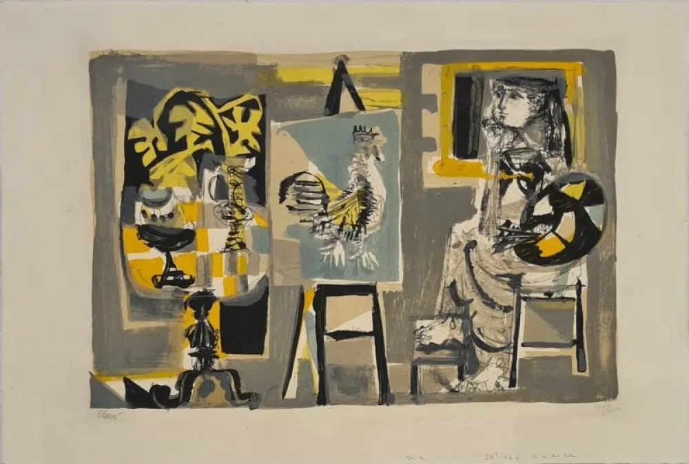 Lithografie Clavé - La Femme-peintre au coq 