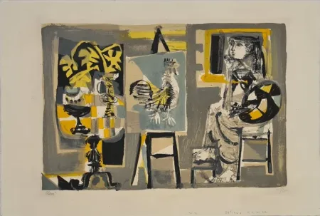 Lithografie Clavé - La Femme-peintre au coq 