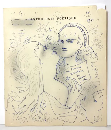 Geen Techniek Cocteau - Dessin au stylo bleu et mine de plomb,