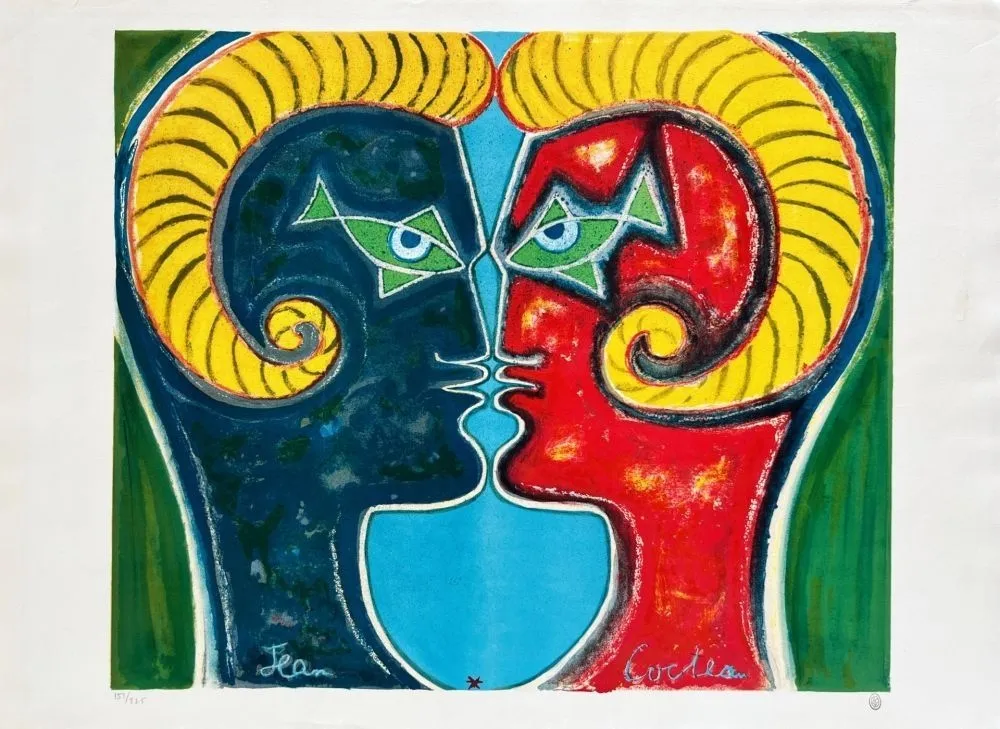 Lithografie Cocteau - Double profil d'hommes béliers