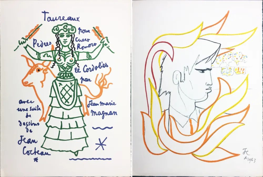 Lithografie Cocteau - EL CORDOBES (Magnan : Taureaux. 1965). 2 planches.