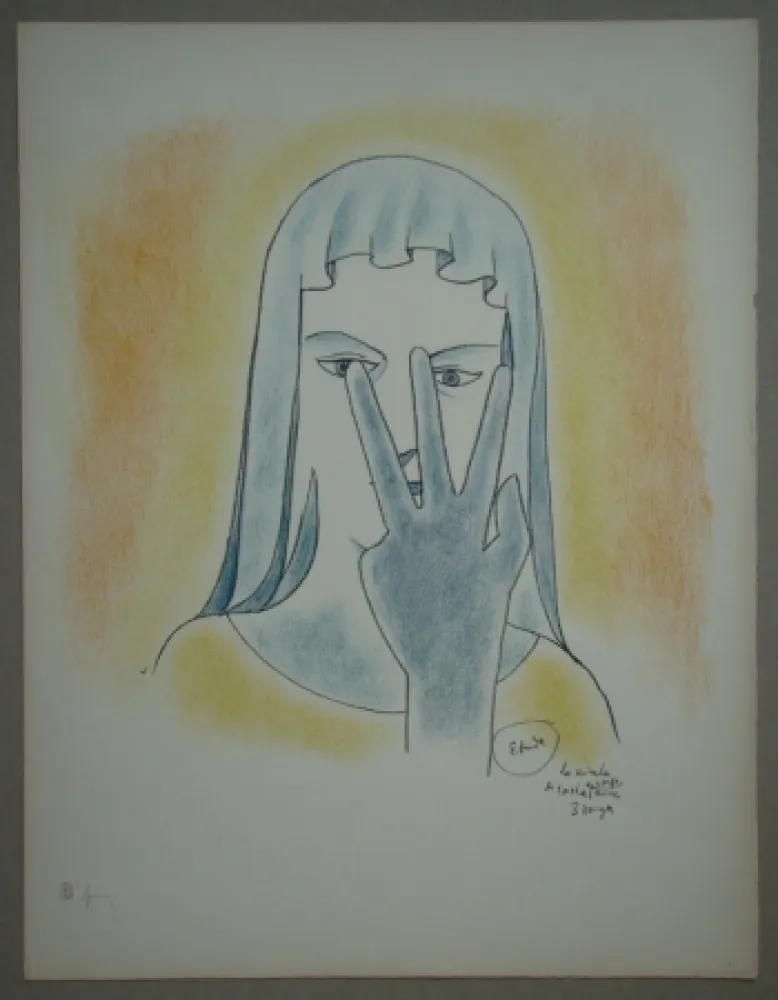 Lithografie Cocteau - Etude - La vierge se cache le visage avec 3 doigts