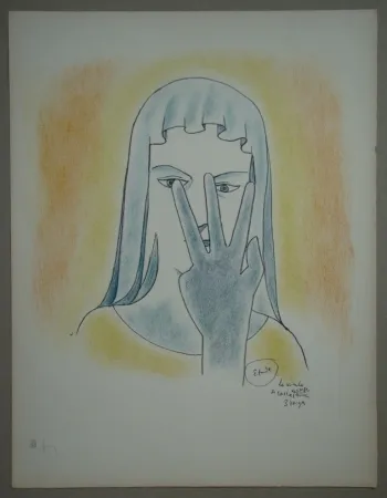 Lithografie Cocteau - Etude - La vierge se cache le visage avec 3 doigts