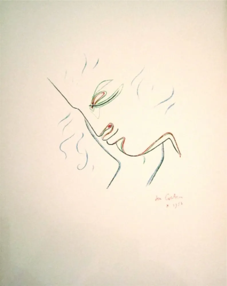 Lithografie Cocteau - Profil de garcon en couleur