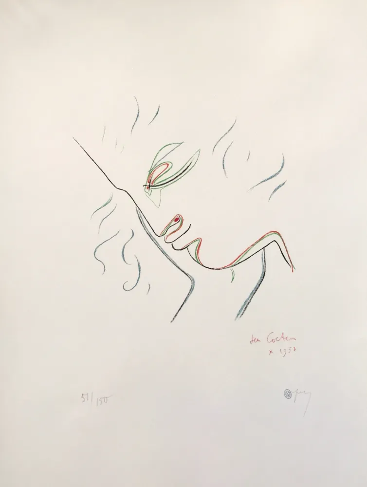 Lithografie Cocteau - Profile in Red, Green, and Blue