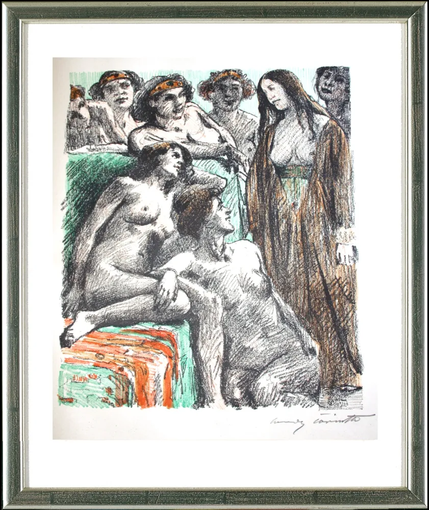 Lithografie Corinth - Der Bericht vor den Frauen