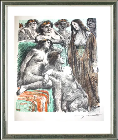 Lithografie Corinth - Der Bericht vor den Frauen
