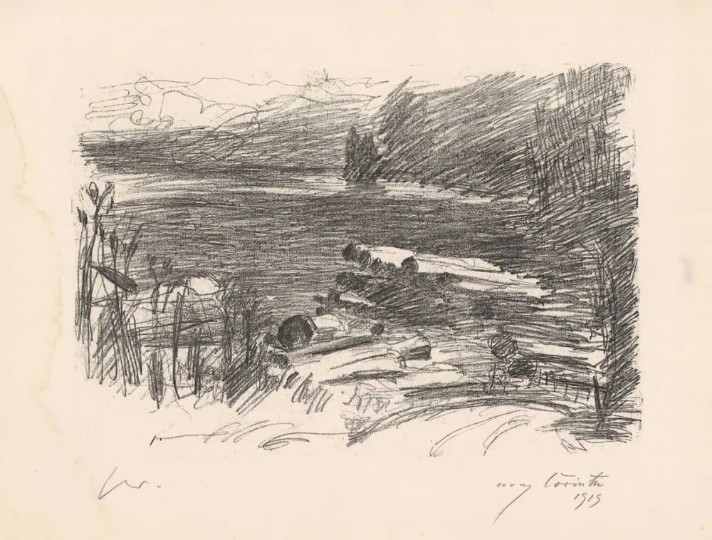 Lithografie Corinth - Holzplatz am Walchensee 