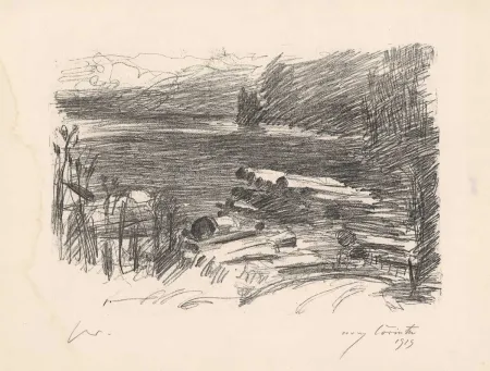 Lithografie Corinth - Holzplatz am Walchensee 