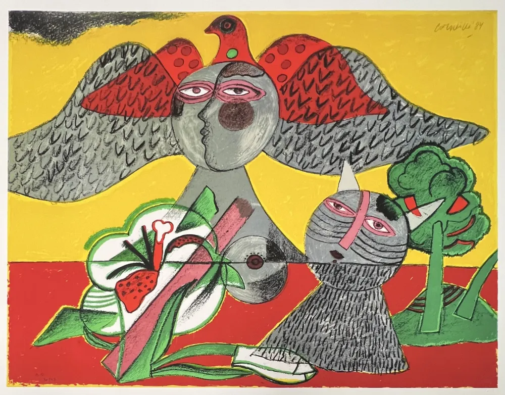 Digitale Print Corneille - Chat, Fleur et Oiseau, 1984, Tirage à 45 ex.