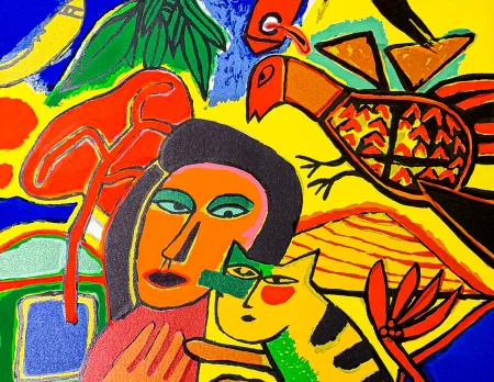 Lithografie Corneille - Corneille (1922–2010) – Vrouw, vogels en kat – Color lithograph on paper – 1996