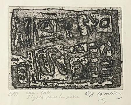 Ets Corneille - Eau-forte encadrée en couleurs Signes dans la pierre, 1953. Epreuve d'artiste EA
