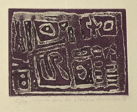 Ets En Aquatint Corneille - Eau-forte encadrée en couleurs Signes dans la pierre, 1953. Numéro 15/30