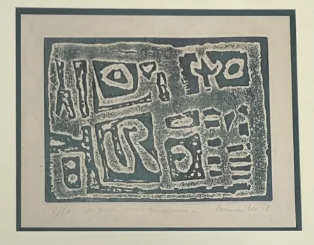 Ets Corneille - Eau-forte encadrée en couleurs Signes dans la pierre, 1953. Numéro 15/30
