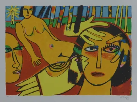 Lithografie Corneille - Femme à l'oiseau