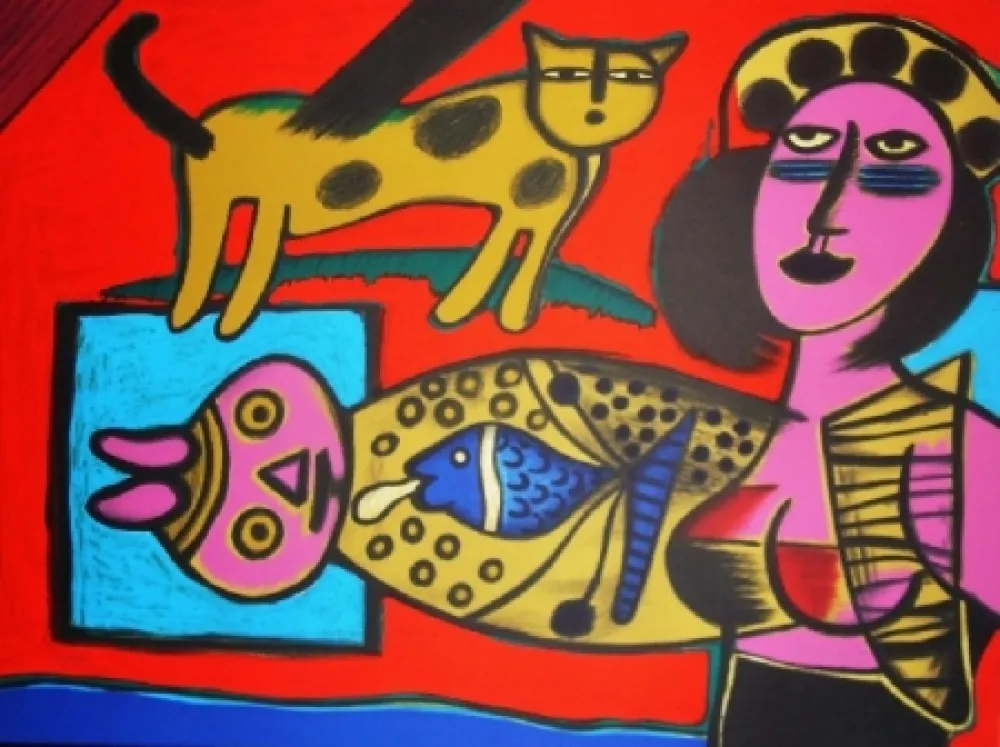 Lithografie Corneille - Femme et chat