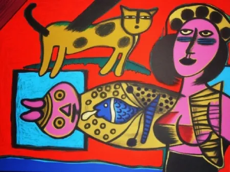 Lithografie Corneille - Femme et chat