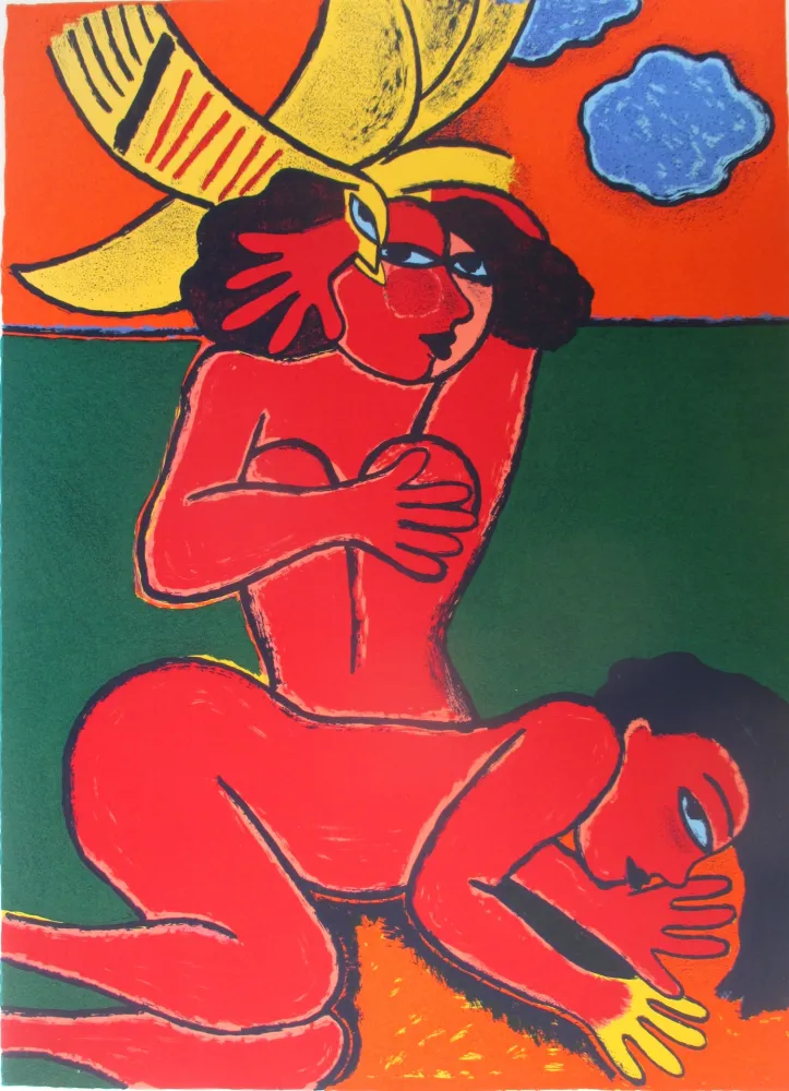 Lithografie Corneille - Femmes et nuages bleu