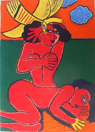 Lithografie Corneille - Femmes et nuages bleu