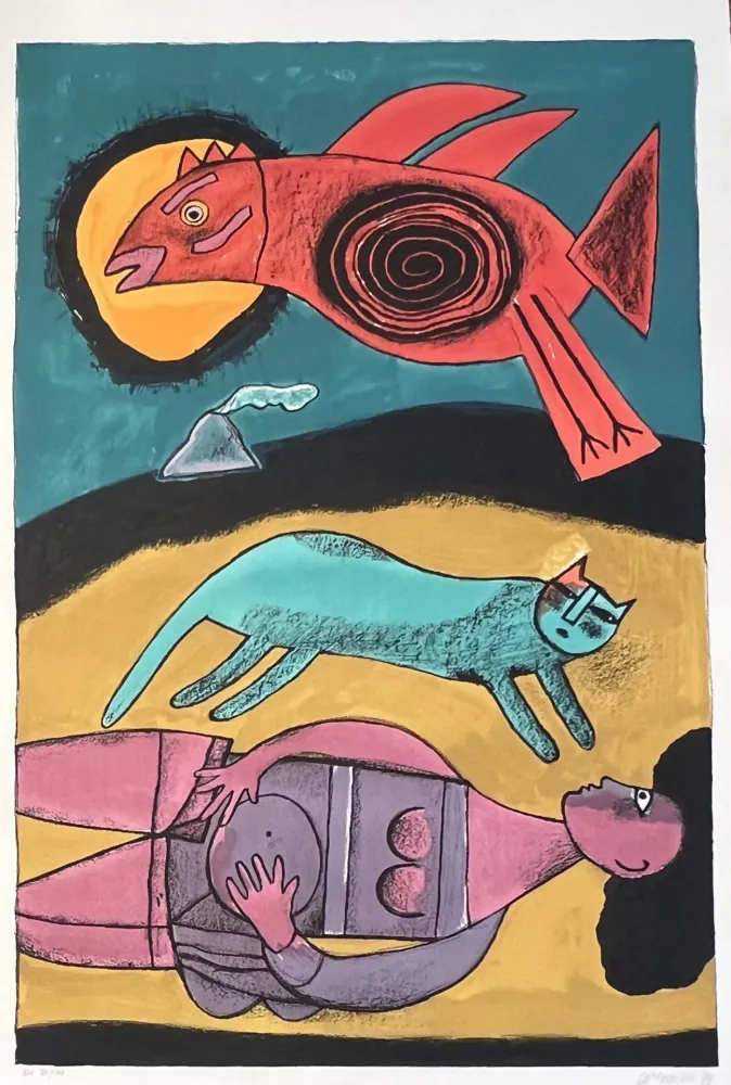 Lithografie Corneille - Grande lithographie encadrée Grand Oiseau du désert 1999