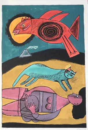 Lithografie Corneille - Grande lithographie encadrée Grand Oiseau du désert 1999