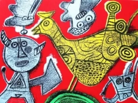 Lithografie Corneille - Le diable et l'oiseau