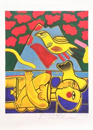 Lithografie Corneille - Le mont Fuji traversé par l'oiseau