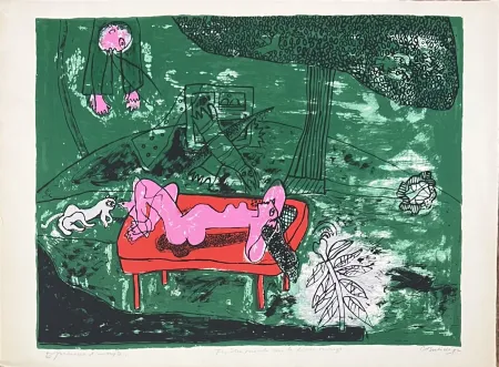 Lithografie Corneille - Lithographie ancienne Fenêtre ouverte sur le divan rouge,