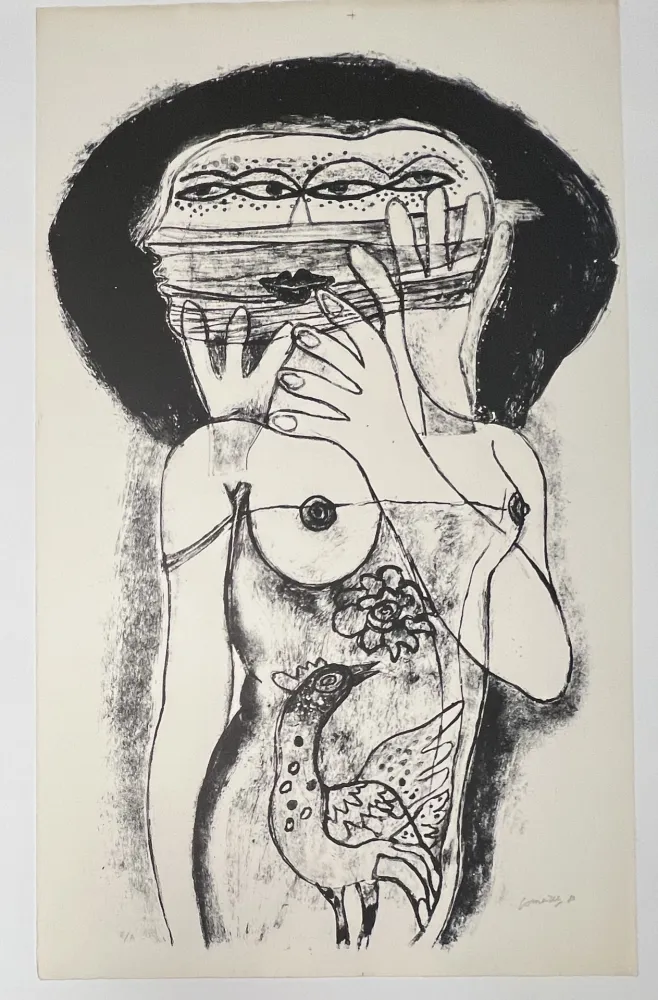 Geen Techniek Corneille -  Lithographie ancienne La femme aux trois viages, 1980