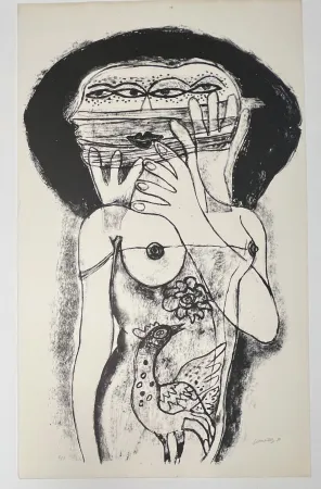 Geen Techniek Corneille -  Lithographie ancienne La femme aux trois viages, 1980