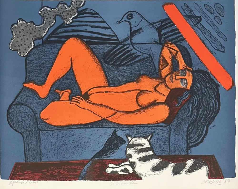Lithografie Corneille - Lithographie ancienne Le divan bleu 1988