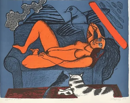 Lithografie Corneille - Lithographie ancienne Le divan bleu 1988