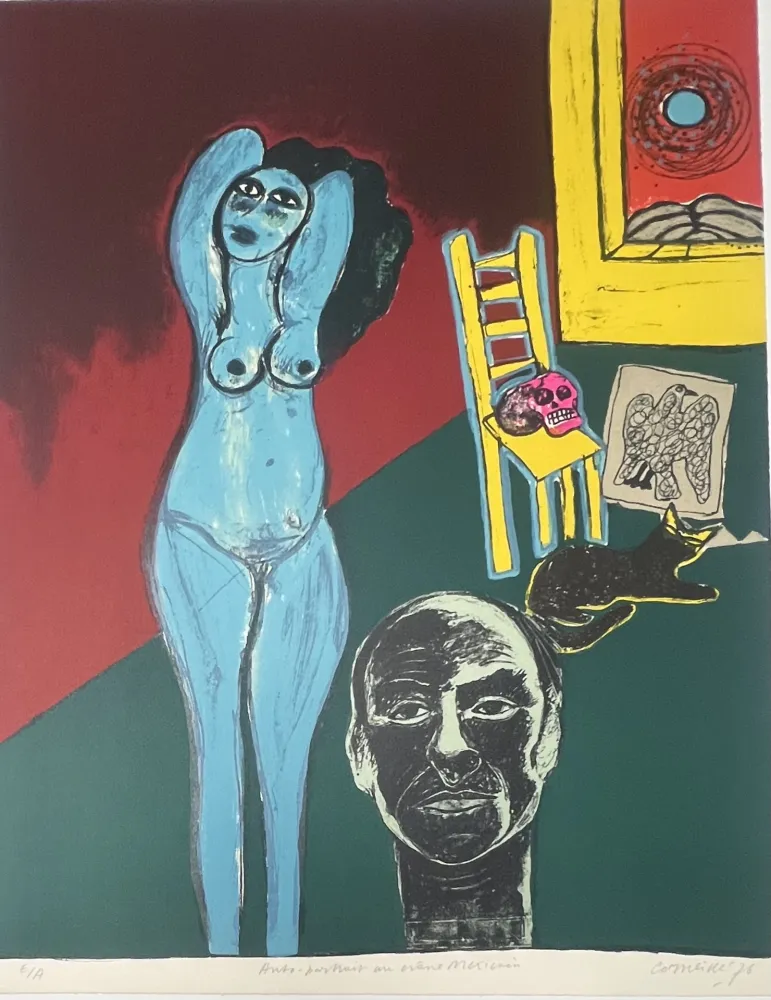 Lithografie Corneille -  Lithographie Autoportrait au crâne Mexicain 1976 E/A