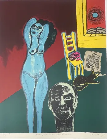 Lithografie Corneille -  Lithographie Autoportrait au crâne Mexicain 1976 E/A