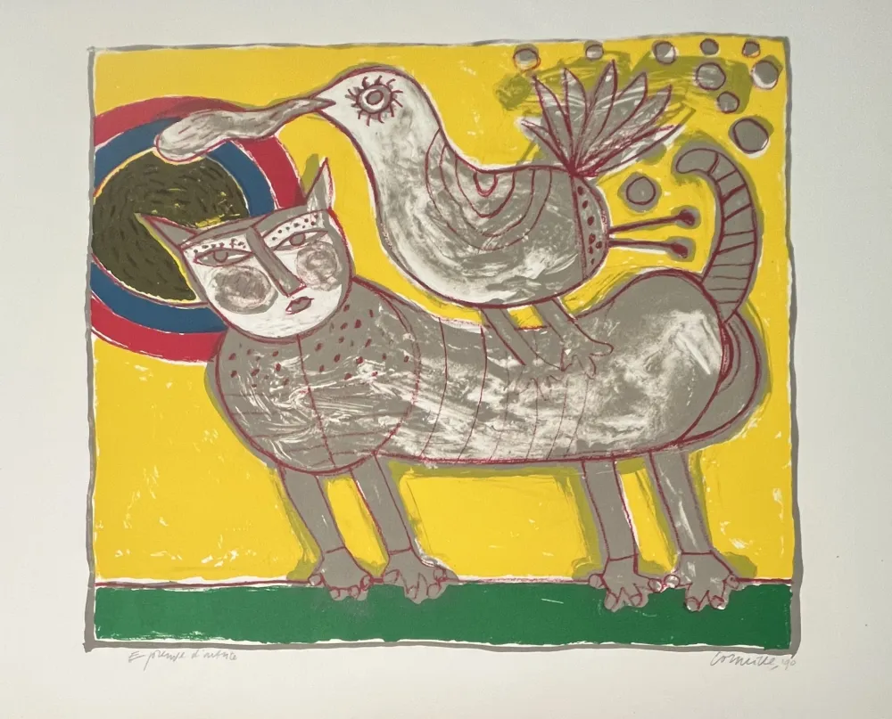 Lithografie Corneille -  Lithographie Chat et oiseau - Au coeur de l'été - 1990