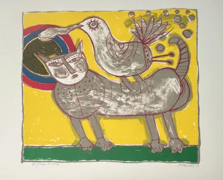 Lithografie Corneille -  Lithographie Chat et oiseau - Au coeur de l'été - 1990