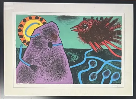 Lithografie Corneille - Lithographie encadrée Aurore sur la montagne, 1991