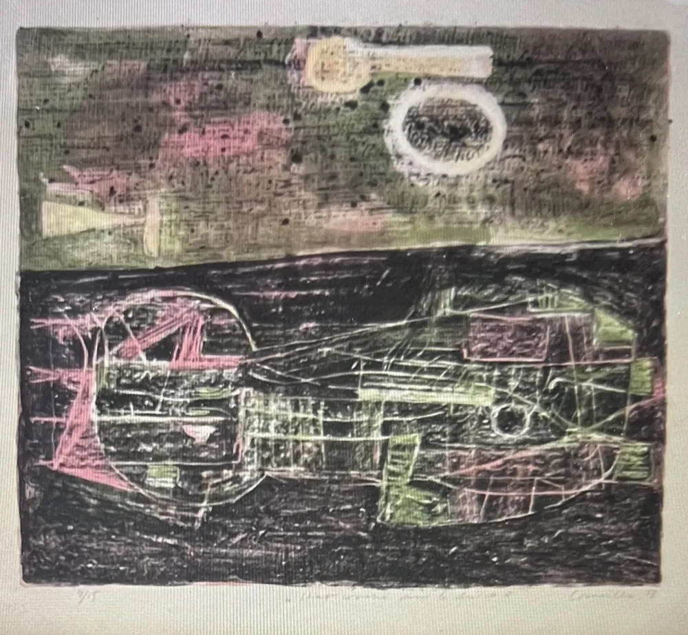 Lithografie Corneille -  Lithographie encadrée Chat couché dans le désert 1953