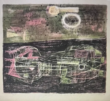 Lithografie Corneille -  Lithographie encadrée Chat couché dans le désert 1953