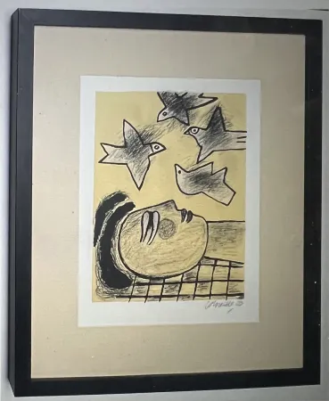 Lithografie Corneille - Lithographie encadrée Farandole d'oiseaux - A la plage 2002