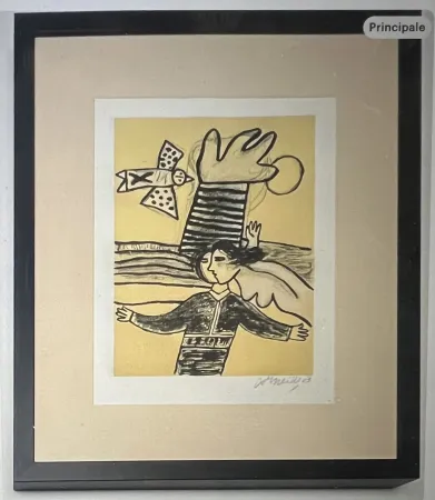 Lithografie Corneille - Lithographie encadrée Femme et oiseau  - A la plage 2002