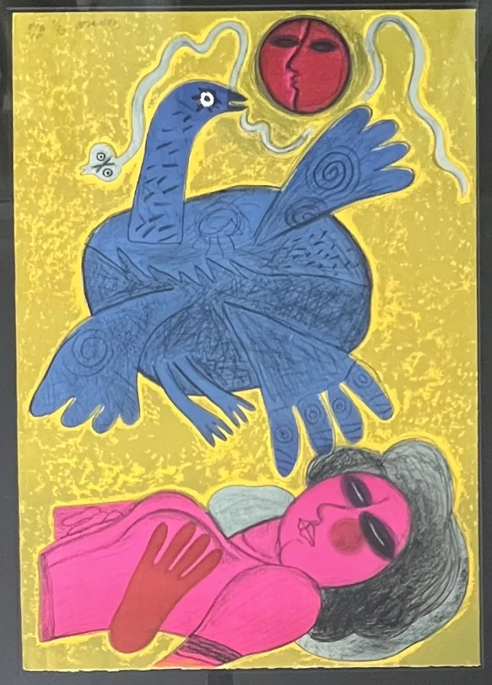 Lithografie Corneille - Lithographie encadrée L'oiseau Cobra 1988