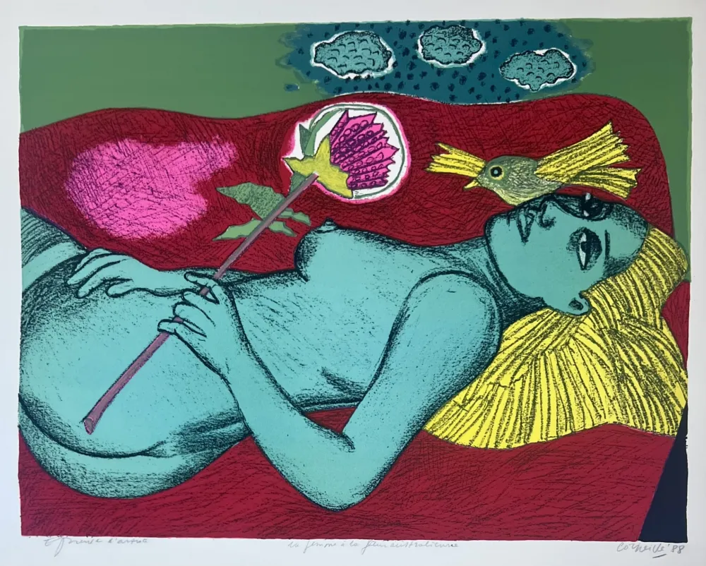 Lithografie Corneille - Lithographie Femme à la fleur australienne, 1988