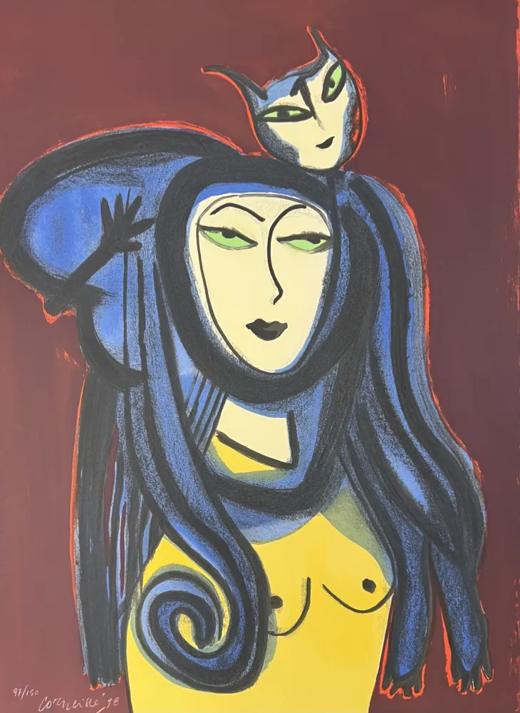 Lithografie Corneille - Lithographie Femme au chat 1998
