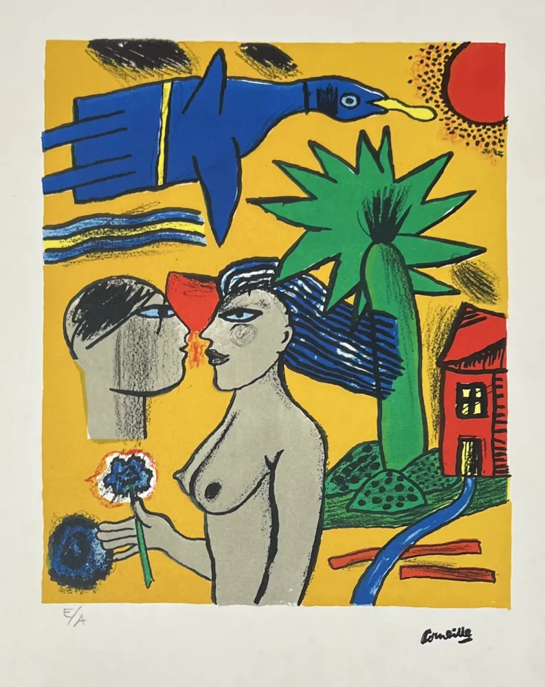 Lithografie Corneille - Lithographie Femmes et oiseau, 1998