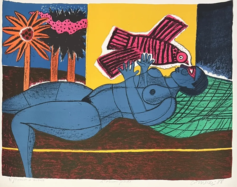 Geen Techniek Corneille - Lithographie L'oiseau proche  Epreuve d'artiste 1988