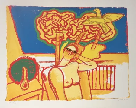 Lithografie Corneille - Lithographie Nu à la fenêtre ou Intérieur Hollandais